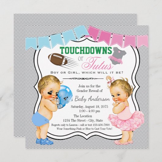 Touchdowns oder Tutus Gender Reveal Einladung (Vorne/Hinten)