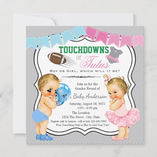 Touchdowns oder Tutus Gender Reveal Einladung (Vorderseite)