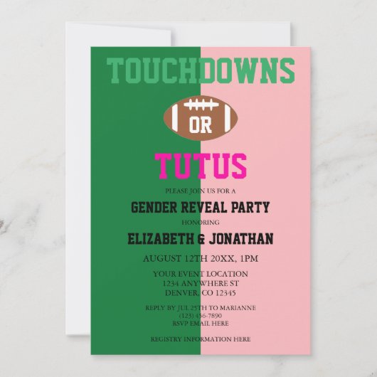 Touchdowns oder Tutus Gender Reveal Einladung (Vorderseite)