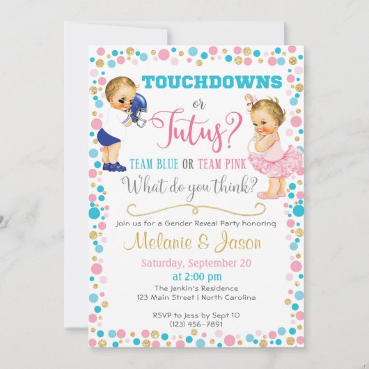 Touchdowns oder Tutus Gender Reveal Einladung (Vorderseite)