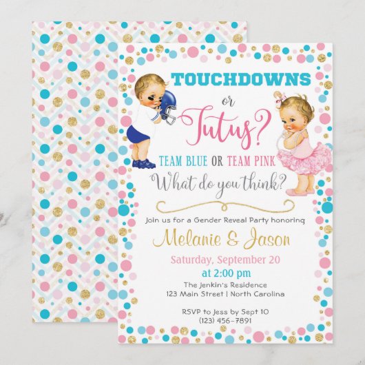 Touchdowns oder Tutus Gender Reveal Einladung (Vorne/Hinten)