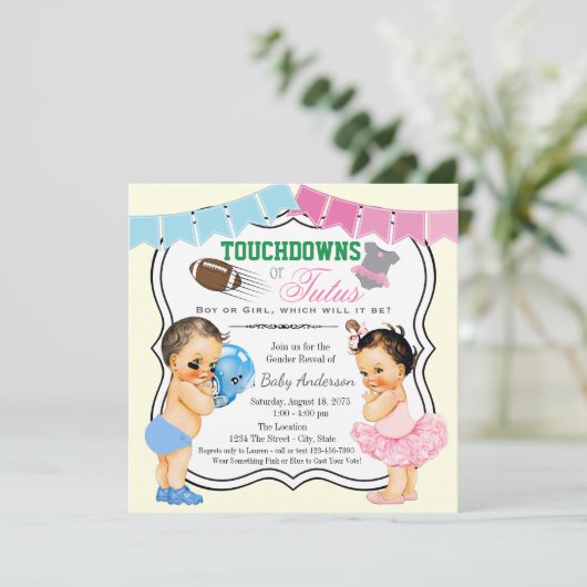 Touchdowns oder Tutus Gender Reveal Einladung (Stehend Vorderseite)