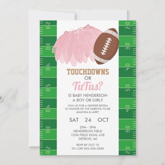 Touchdowns oder Tutus Gender Reveal Einladung (Vorderseite)