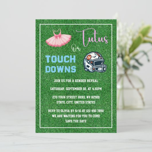 Touchdowns oder Tutus Gender Reveal Einladung (Stehend Vorderseite)