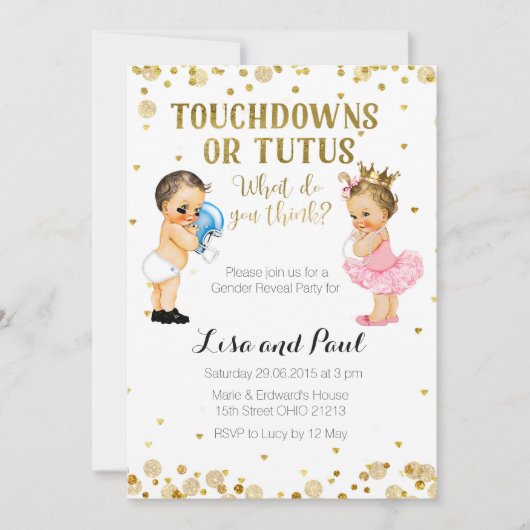 Touchdowns oder Tutus Gender Reveal Einladung Gold (Vorderseite)