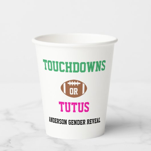 Touchdowns oder Tutus Gender Reveal Pappbecher (Vorderseite)