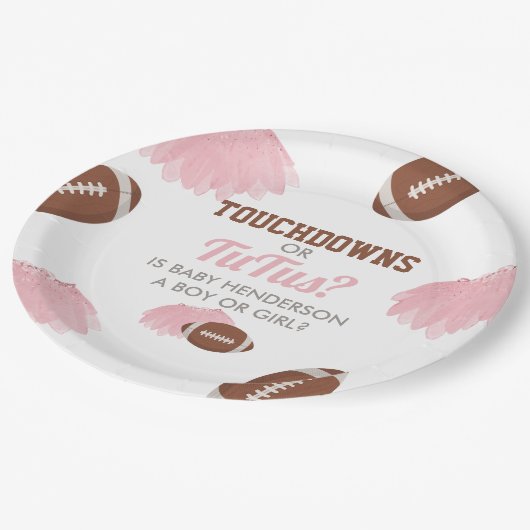 Touchdowns oder Tutus Gender Reveal Pappteller (Schrägansicht)