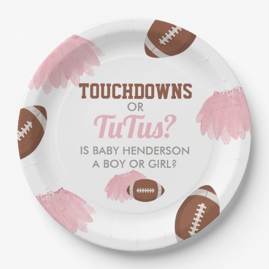 Touchdowns oder Tutus Gender Reveal Pappteller (Vorderseite)