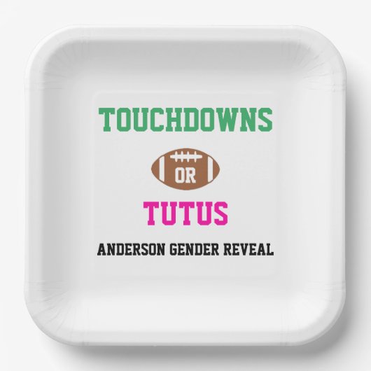 Touchdowns oder Tutus Gender Reveal Pappteller (Vorderseite)