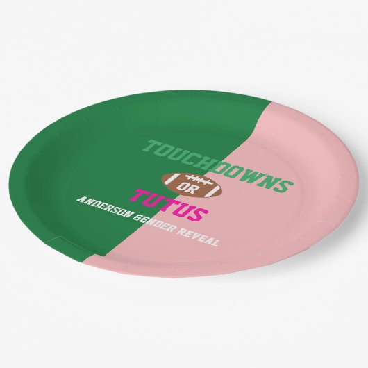 Touchdowns oder Tutus Gender Reveal Pappteller (Schrägansicht)