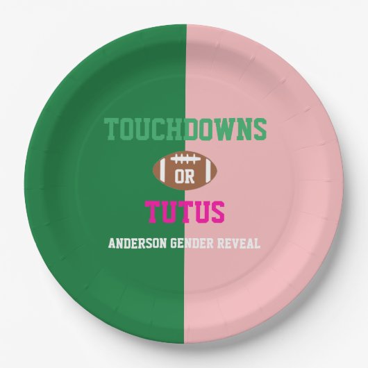 Touchdowns oder Tutus Gender Reveal Pappteller (Vorderseite)