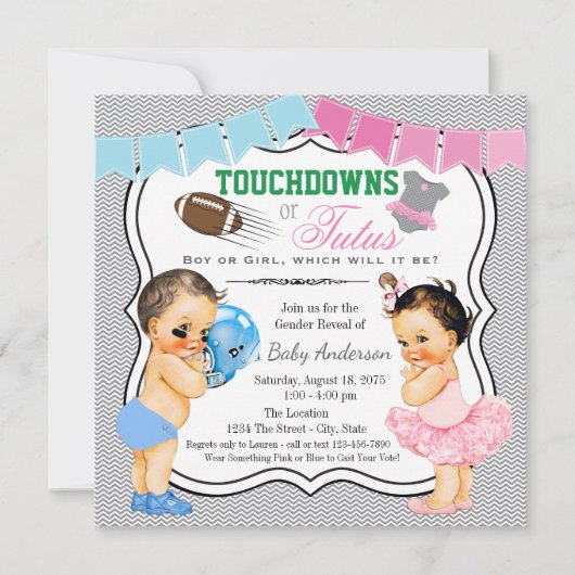 Touchdowns oder Tutus Gender Reveal Party Einladun Einladung (Vorderseite)