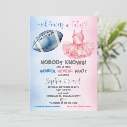 Touchdowns oder Tutus Gender Reveal Party Einladung (Stehend Vorderseite)