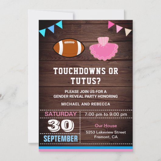 Touchdowns oder Tutus Gender Reveal Party Einladung (Vorderseite)