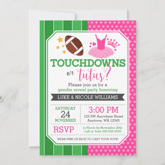 Touchdowns oder Tutus Gender Reveal Party Einladung (Vorderseite)