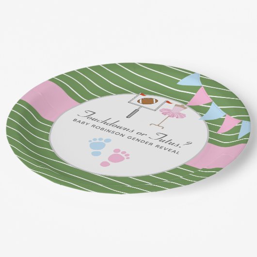 Touchdowns oder Tutus Gender Reveal Party Pappteller (Schrägansicht)