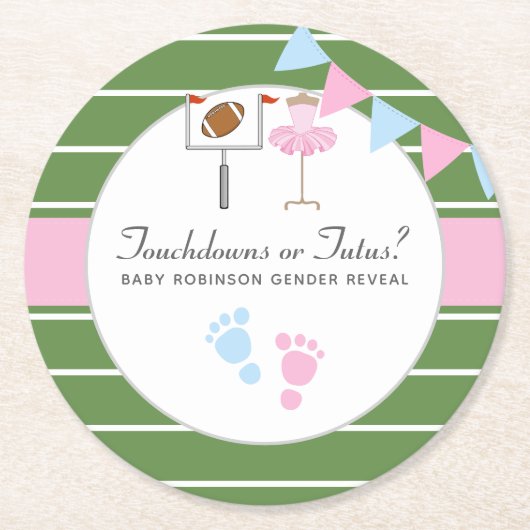 Touchdowns oder Tutus Gender Reveal Party Runder Pappuntersetzer (Vorderseite)