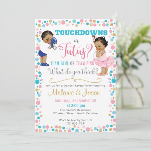 Touchdowns oder Tutus Gender Reveitation Einladung (Stehend Vorderseite)