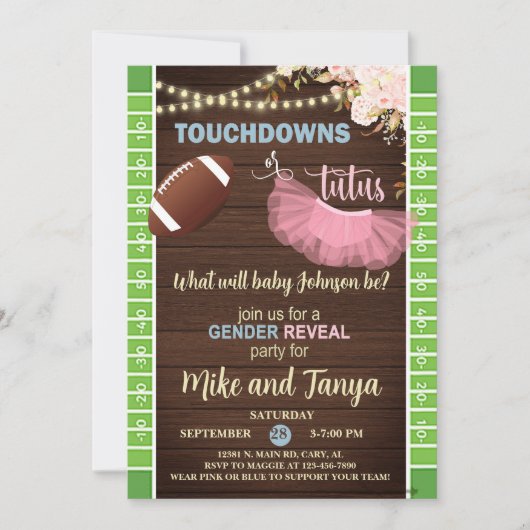 Touchdowns oder Tutus Geschlecht-Enthüllungs-Einla Einladung (Vorderseite)