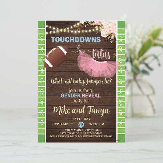 Touchdowns oder Tutus Geschlecht-Enthüllungs-Einla Einladung (Stehend Vorderseite)