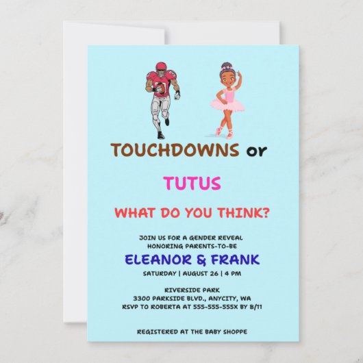 Touchdowns oder Tutus-Geschlecht offenbaren Party Einladung (Vorderseite)