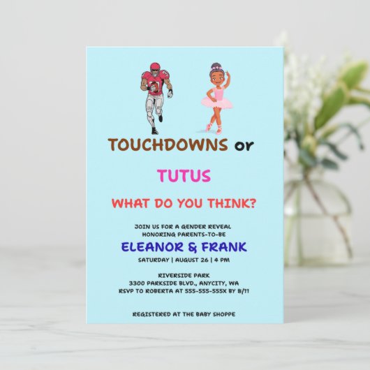 Touchdowns oder Tutus-Geschlecht offenbaren Party Einladung (Stehend Vorderseite)