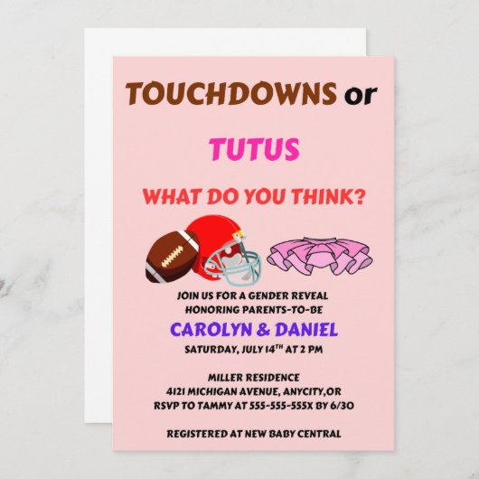 Touchdowns oder Tutus-Geschlecht offenbaren Party Einladung (Vorne/Hinten)