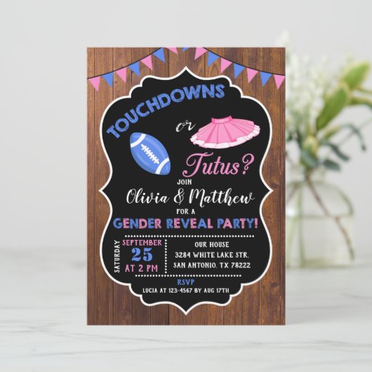 Touchdowns oder Tutus-Geschlecht offenbaren Party Einladung (Stehend Vorderseite)