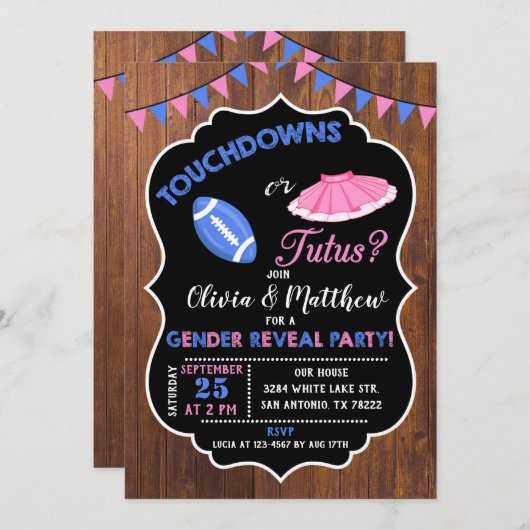 Touchdowns oder Tutus-Geschlecht offenbaren Party Einladung (Vorne/Hinten)