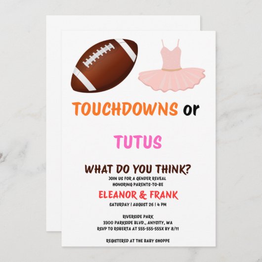 Touchdowns oder Tutus-Geschlecht offenbaren Party Einladung (Vorne/Hinten)