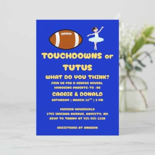 Touchdowns oder Tutus Geschlechtsenthüllungsfeier Einladung (Stehend Vorderseite)