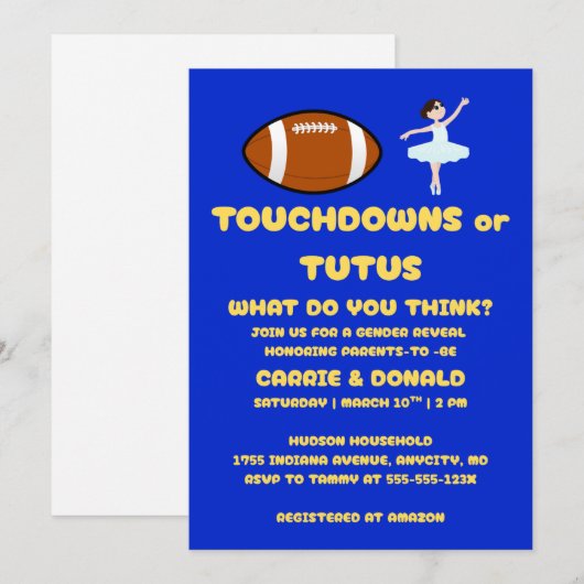 Touchdowns oder Tutus Geschlechtsenthüllungsfeier Einladung (Vorne/Hinten)