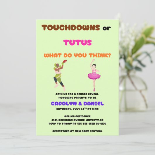 Touchdowns oder Tutus Geschlechtsenthüllungsfeier Einladung (Stehend Vorderseite)