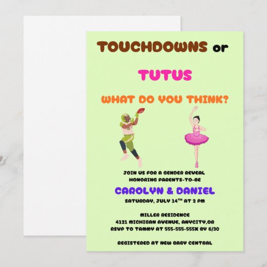 Touchdowns oder Tutus Geschlechtsenthüllungsfeier Einladung (Vorne/Hinten)