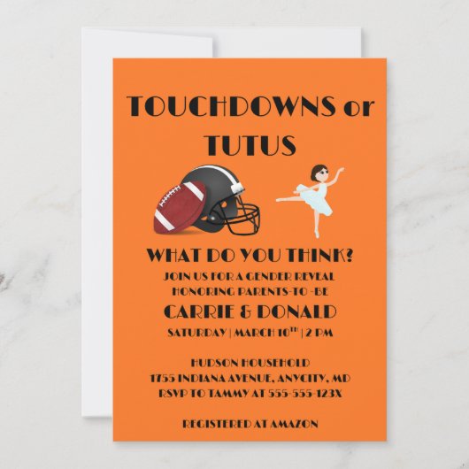 Touchdowns oder Tutus Geschlechtsenthüllungsfeier Einladung (Vorderseite)