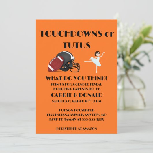 Touchdowns oder Tutus Geschlechtsenthüllungsfeier  Einladung (Stehend Vorderseite)