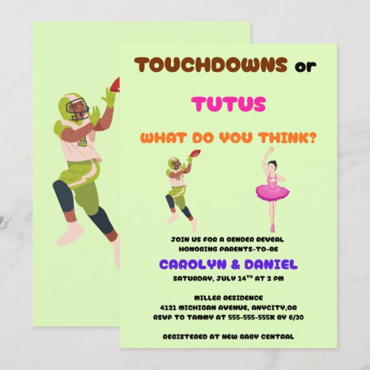 Touchdowns oder Tutus Geschlechtsenthüllungsfeier Einladung (Vorne/Hinten)