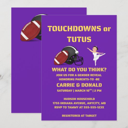 Touchdowns oder Tutus Geschlechtsenthüllungsfeier Einladung (Vorne/Hinten)
