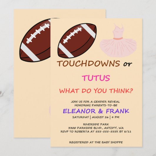 Touchdowns oder Tutus Geschlechtsenthüllungsfeier Einladung (Vorne/Hinten)