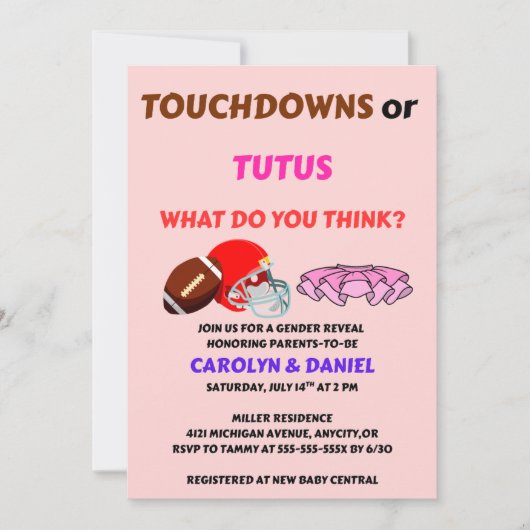 Touchdowns oder Tutus Geschlechtsenthüllungsfeier Einladung (Vorderseite)