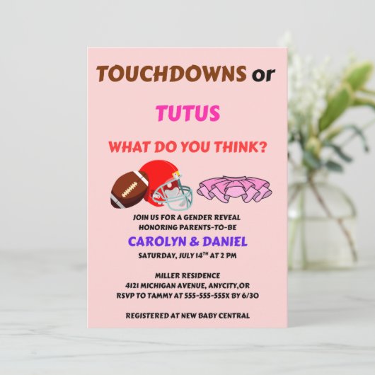 Touchdowns oder Tutus Geschlechtsenthüllungsfeier Einladung (Stehend Vorderseite)