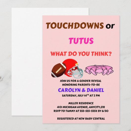 Touchdowns oder Tutus Geschlechtsenthüllungsfeier Einladung (Vorne/Hinten)