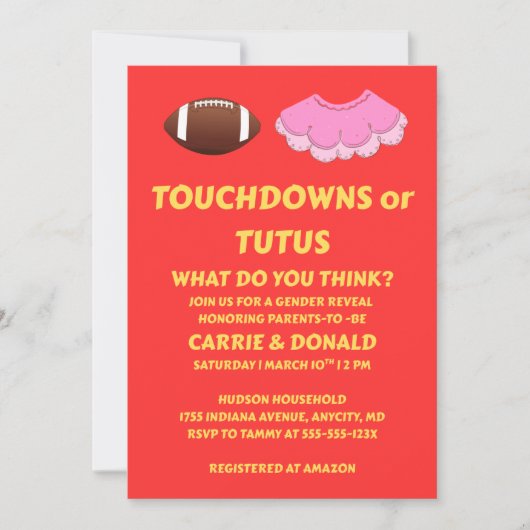 Touchdowns oder Tutus Geschlechtsenthüllungsfeier Einladung (Vorderseite)