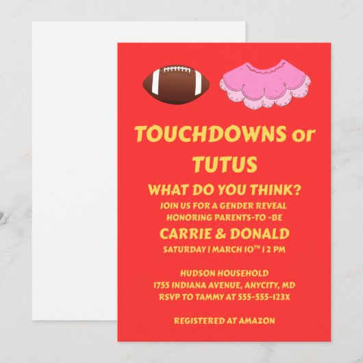 Touchdowns oder Tutus Geschlechtsenthüllungsfeier Einladung (Vorne/Hinten)