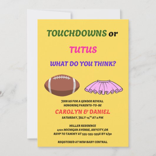Touchdowns oder Tutus Geschlechtsenthüllungsfeier Einladung (Vorderseite)