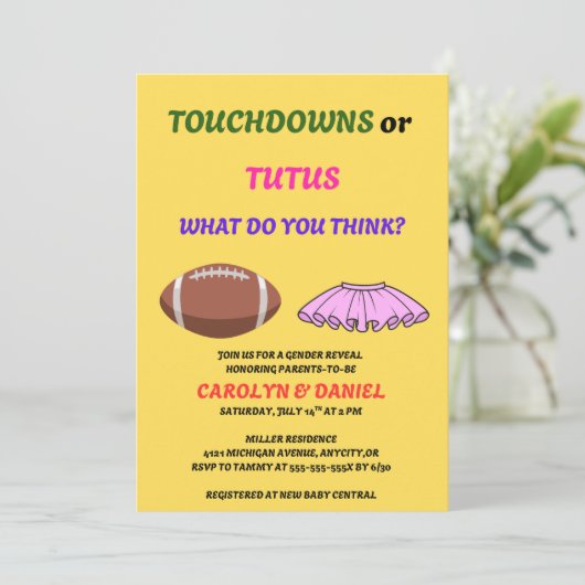 Touchdowns oder Tutus Geschlechtsenthüllungsfeier Einladung (Stehend Vorderseite)