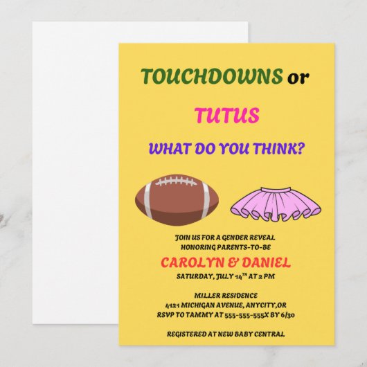 Touchdowns oder Tutus Geschlechtsenthüllungsfeier Einladung (Vorne/Hinten)