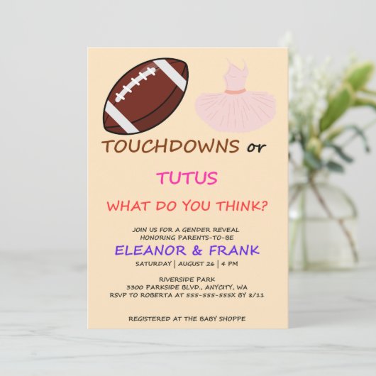 Touchdowns oder Tutus Geschlechtsenthüllungsfeier Einladung (Stehend Vorderseite)