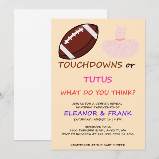 Touchdowns oder Tutus Geschlechtsenthüllungsfeier Einladung (Vorne/Hinten)