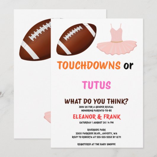 Touchdowns oder Tutus Geschlechtsenthüllungsfeier Einladung (Vorne/Hinten)